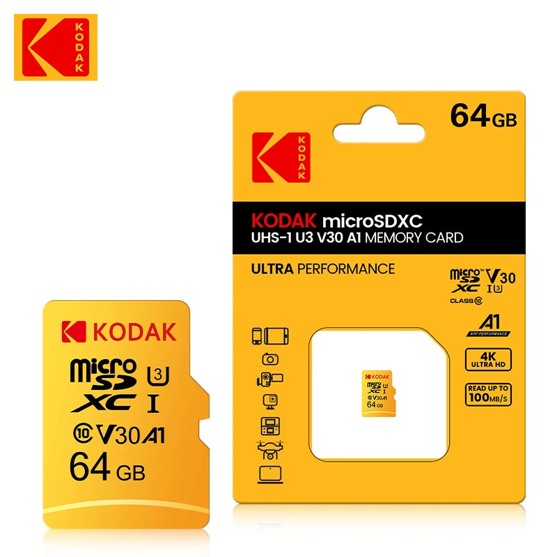 KODAK Micro SD Memory Card 128GB 100MB/s Class 10 U3 UHS-I 64GB Mini TF SD Card 4K HD for smartphones, dash recorders, drones,