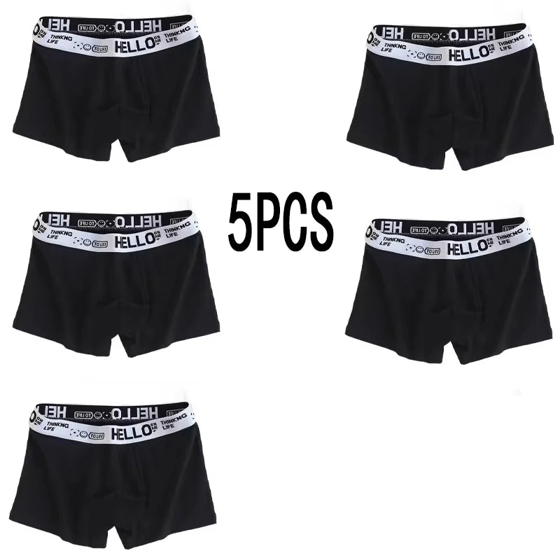 5PCS Men Breathable  Boxer Shorts Four-corner Shorts Teenagers Knitted Pure Color Mid-waist Design