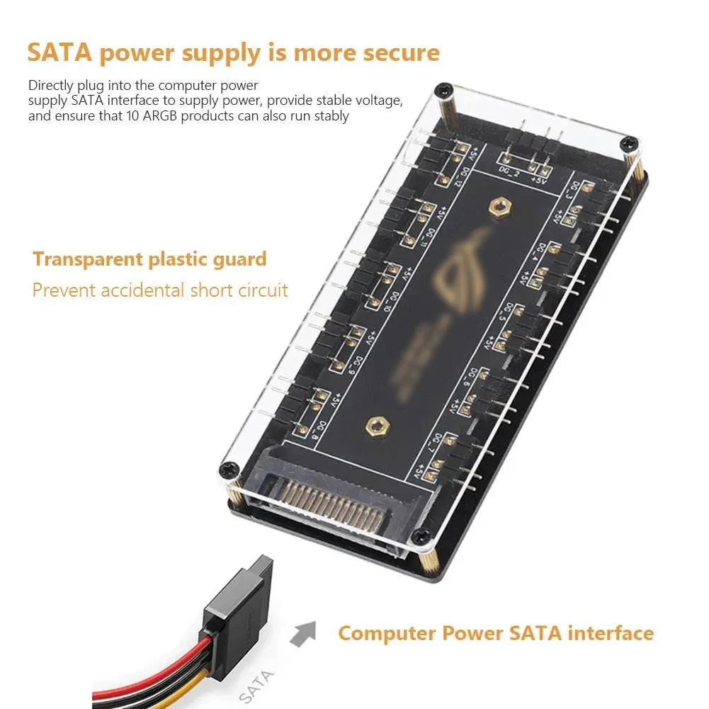 ARGB Connector 1 To 10 Port Splitter Hub 5V 3Pin ARGB Case Fan Hub With Adhesive Base SATA Power For LED Fans Lights