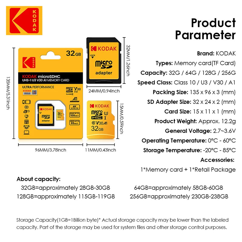 Kodak Micro SD 128GB SD card 32GB flash drive Memory Card 64G class 10 U3 4K cartao de memoria 128G micro sd memory card