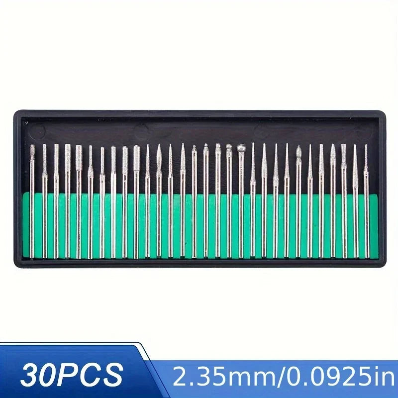 30pcs Diamond Grinding Burr Needle Point Engraving Carving Polishing For Glass Jade Stone 2.35/3mm Drill Bit Rotary Tool Set