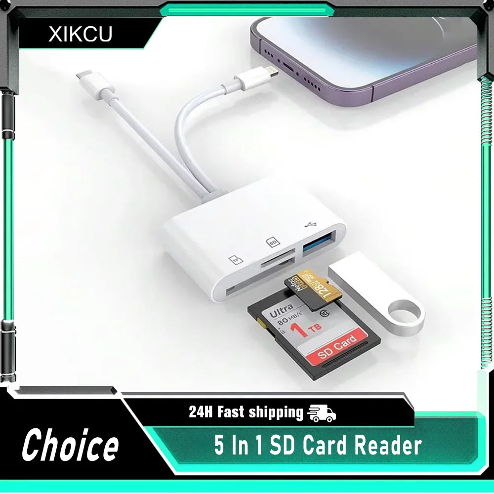 5 In 1 SD Card Reader  Lightning /Type C to USB 3.0/SD/TF Card Adapter, Memory Card Reader for iPhone iPad MacBook Samsung Andro