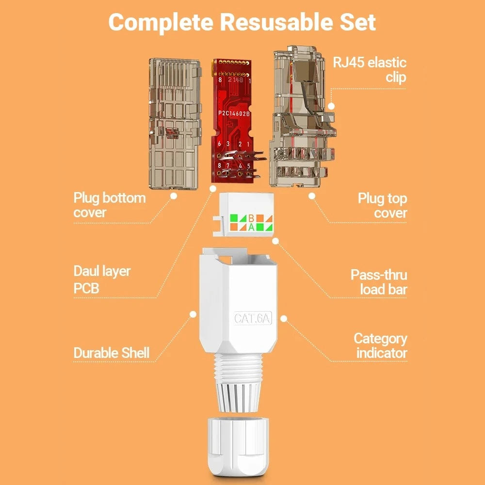 RJ45 Connector Tool Free CAT6A CAT6 10Gbps UTP Field Modular Plug Tool free Ethernet Reusable Termination Lan Plugs 1pcs