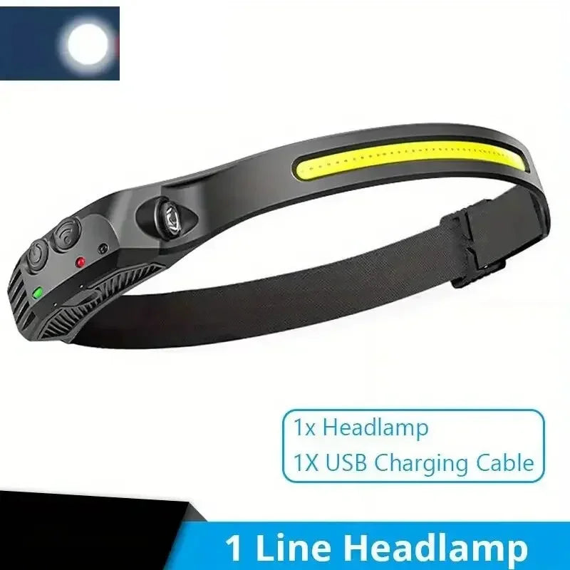 Multi-functional COB Headlamp Induction 6000K LED Bar Head Torch Work Light 5 Modes Rechargeable for Climbing Running Cycling