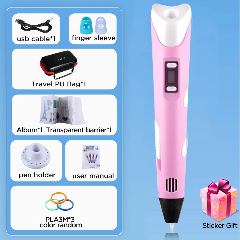 Kids 3D Printing Pen With LCD Screen & Stickers Compatible PLA Filament Safe With 9M PLA Girls Boys Birthday Gift Toys Print Pen