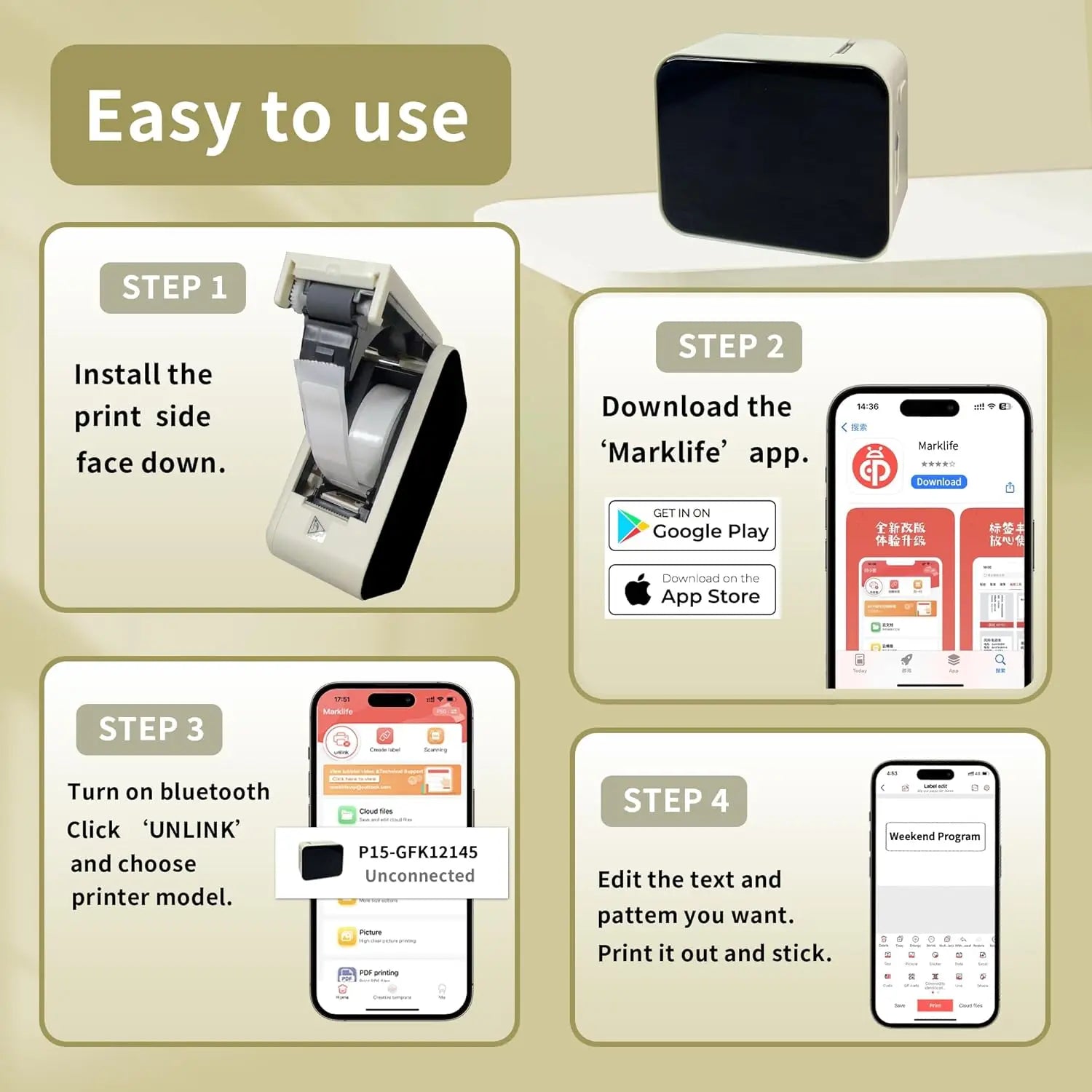 Marklife P15 Mini Portable Thermal Printer Without Ink Self-Adhesive Label Maker Printer For Stickers Labeller Labeling Machine