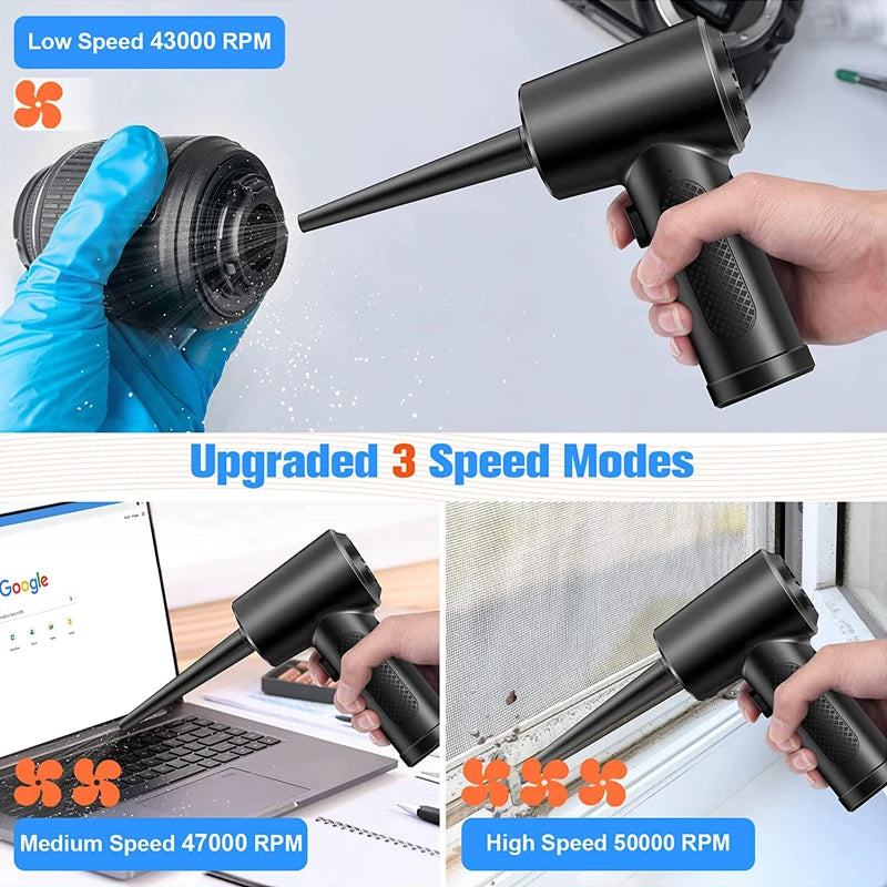 Cordless Air Duster, 5-in-1 High-Speed Blower for PC/Car/Home/Hair Cleaning with 3 Nozzles & 3000mAh Rechargeable Battery