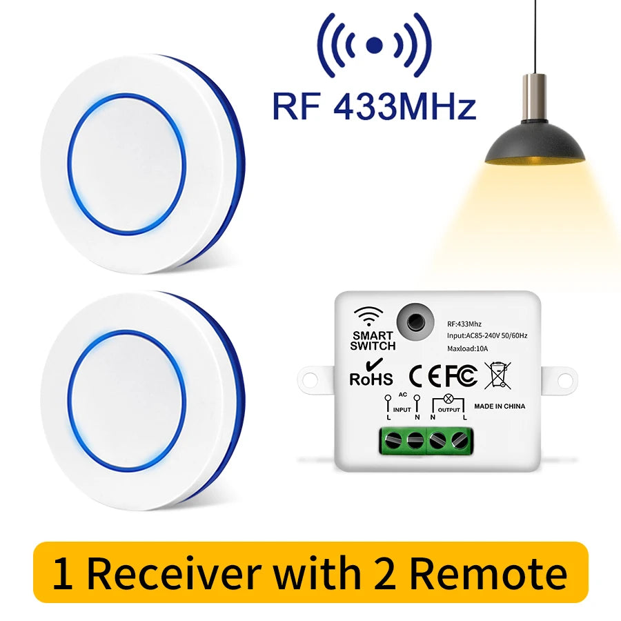 RF 433MHz Wireless Light Switch 220V 110V 10A Relay Controlle Mini Round Button Wall Panel Switch Remote Control For LED Lamp