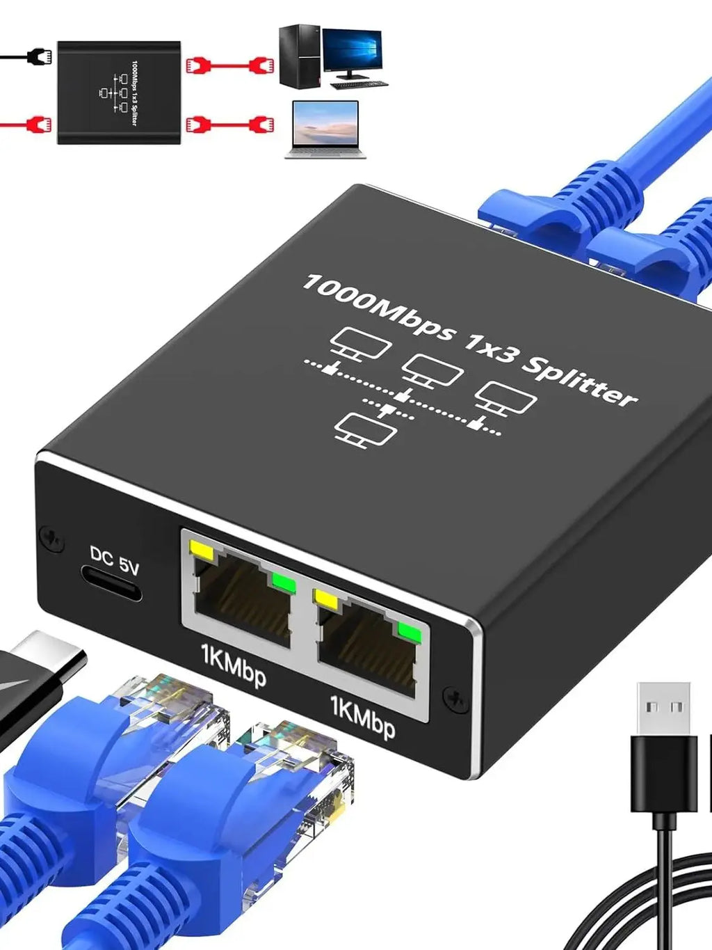 Extender Plug Extension Network Splitter 1000Mbps Hub 1 to 2 RJ45 Adapter Gigabit Converter Internet Ethernet 8P8C Set-Top