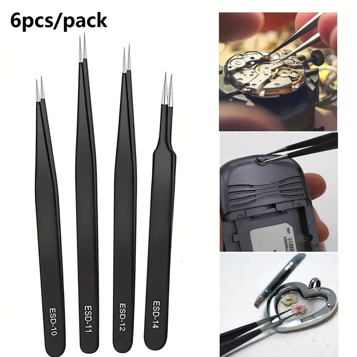 Precision ESD anti-static tweezers set -6-pc durable stainless steel tool for electronic repair and process modeling, bending&St