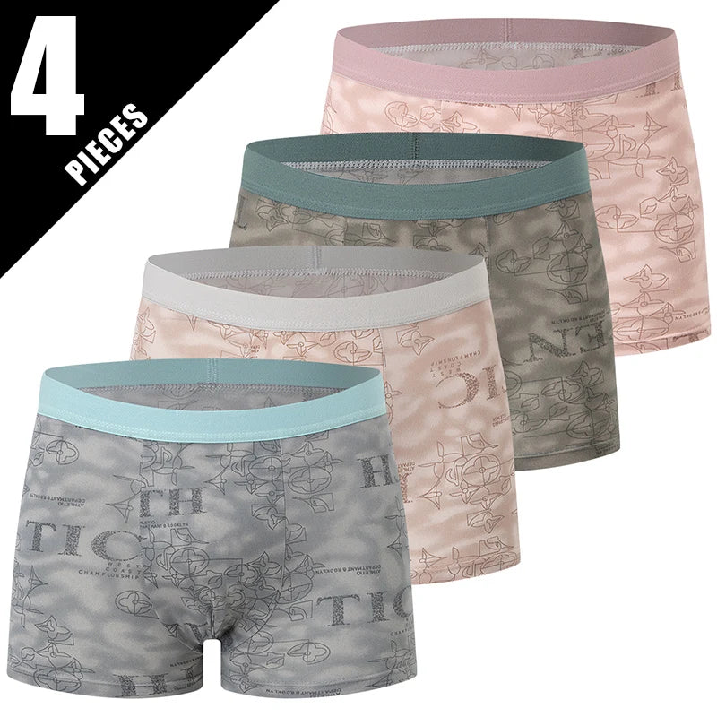 4/10 Piece Men's To Teenagers' Parent-child Underwear Simple And Fashionable Printed Boyshort Joker Casual Elastic Waist Shorts