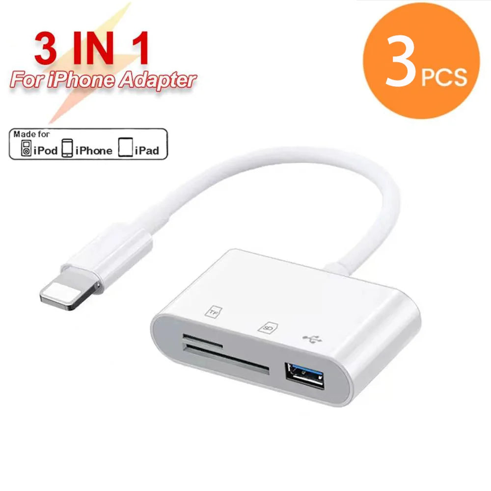 3-in-1 iPhone TypeC to SD & TF Card USB Camera AdapterFor iPhone iPad Card Reader USB Dongle for USB Flash Plug  Play