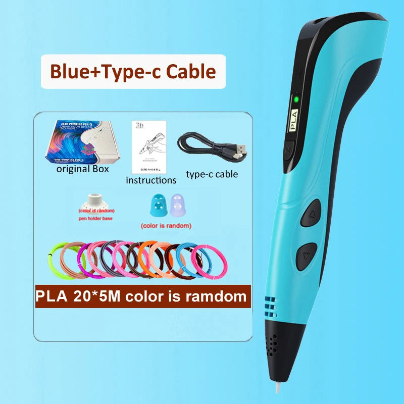 3D Pen DIY Drawing Printing Pen for kids Adult Creatived Toy 20 Colors 5M PLA Filaments +USB Type-C Rechargeable