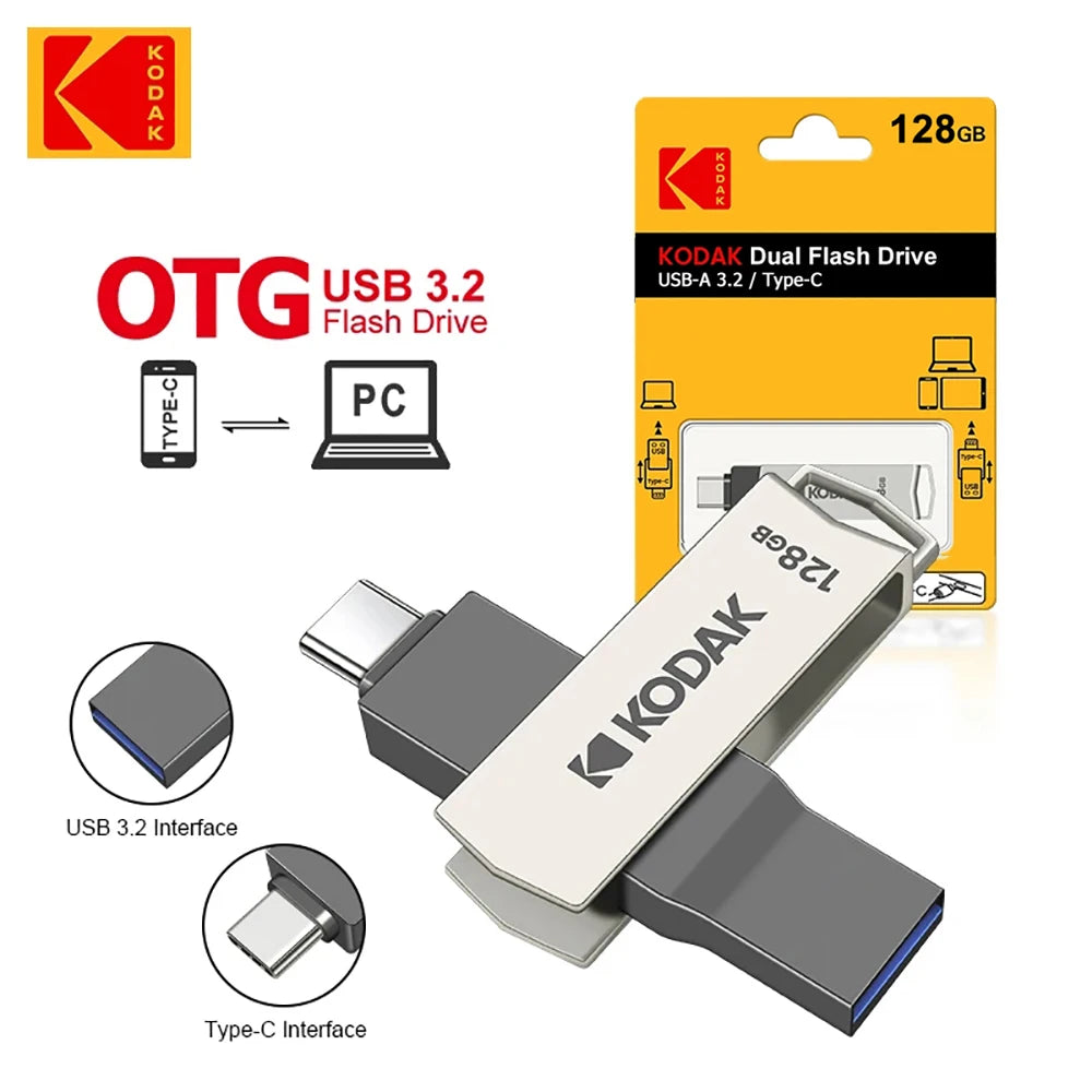 KODAK Type C USB Flash Drive K273 USB3.2 OTG Pendrive 32GB 64GB 128GB 256GB High Speed Metal Dual-Purpose Disk Memory Stick