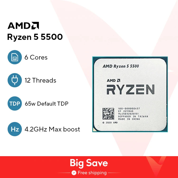 AMD Ryzen 5 5500 R5 5500 3.6 GHz 6-Core 12-Thread CPU Processor 7NM L3=16M 100-000000457 Socket AM4 No Fan