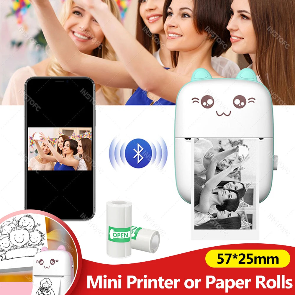 58mm Photo Label Portable Mini Thermal Printer Sticker Memo Tag Printing Cute Bluetooth Printer for IOS Android or 57mm Paper