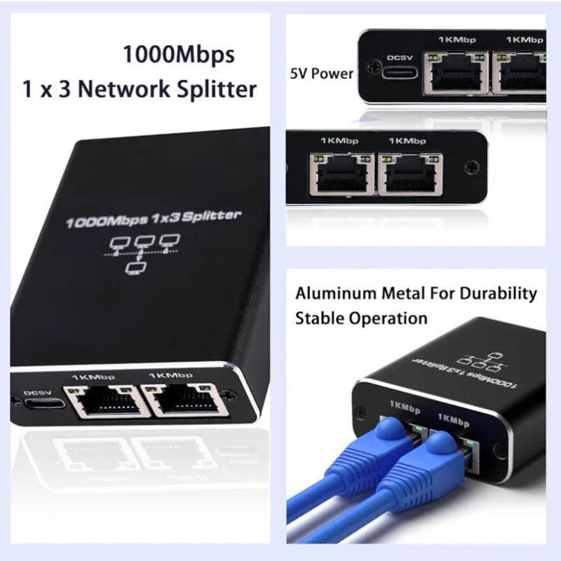 Network Splitter 1000Mbps Hub 1 to 2 RJ45 Adapter Gigabit Converter Internet Ethernet 8P8C Set-Top Extender Plug Extension