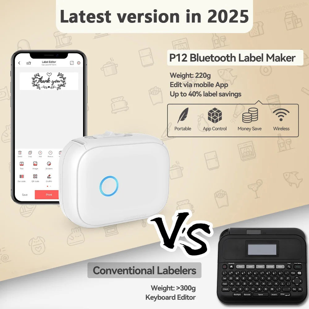 Marklife P12 Portable Mini Printer Auto Cut Labeling Machine Wireless Bluetooth Label Maker Similar As D11 D110 D101 Home/Office