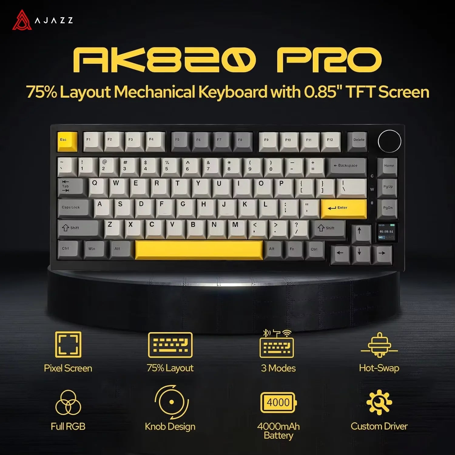 Ajazz AK820/AK820Pro Gaming Mechanical Keyboard Bluetooth 5.1/Wireless/C-Wired Customized Keyboard with Knob Hot Swapping Gasket