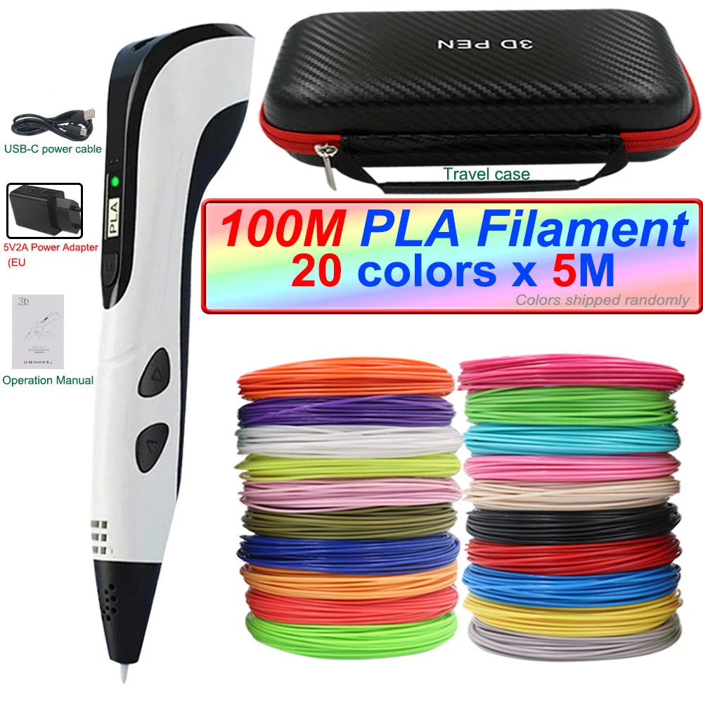 2025 3D Pen Set for Children 3D Printing Pen with LED Screen 100M PLA Power Adapter Travel Box Christmas Birthday Gift for Kids