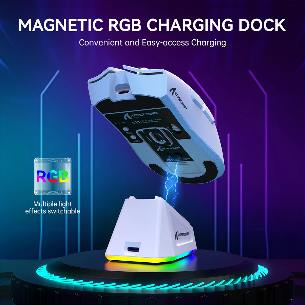Attack Shark X11 Tri-mode Gaming Mouse with Magnetic Charging Dock, PixArt PAW3311 Sensor, 22K DPI, BT/2.4Ghz/Wired, for PC/MAC