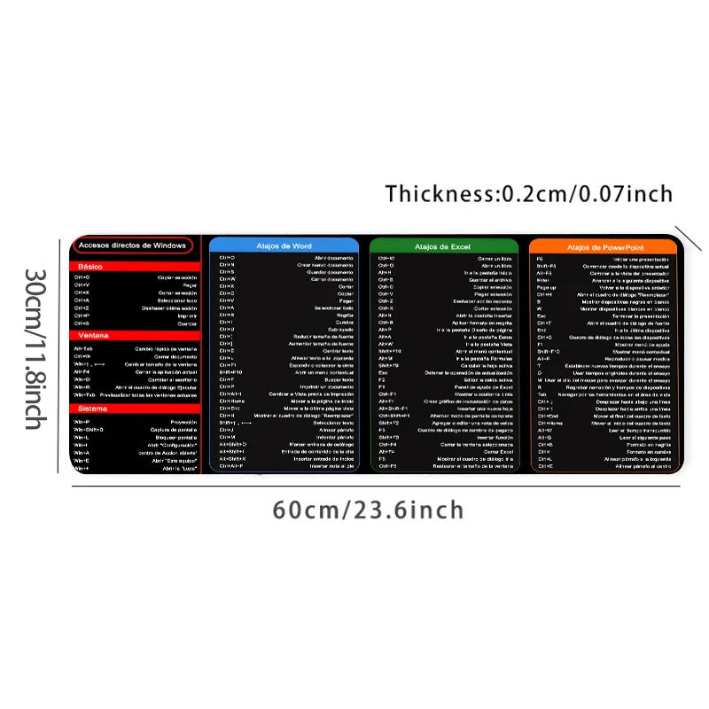 Spanish Excel Shortcuts Pattern Large Mouse Pad Office Desk Mat Computer Keyboard Pad Starters Gift for Office Workers Students