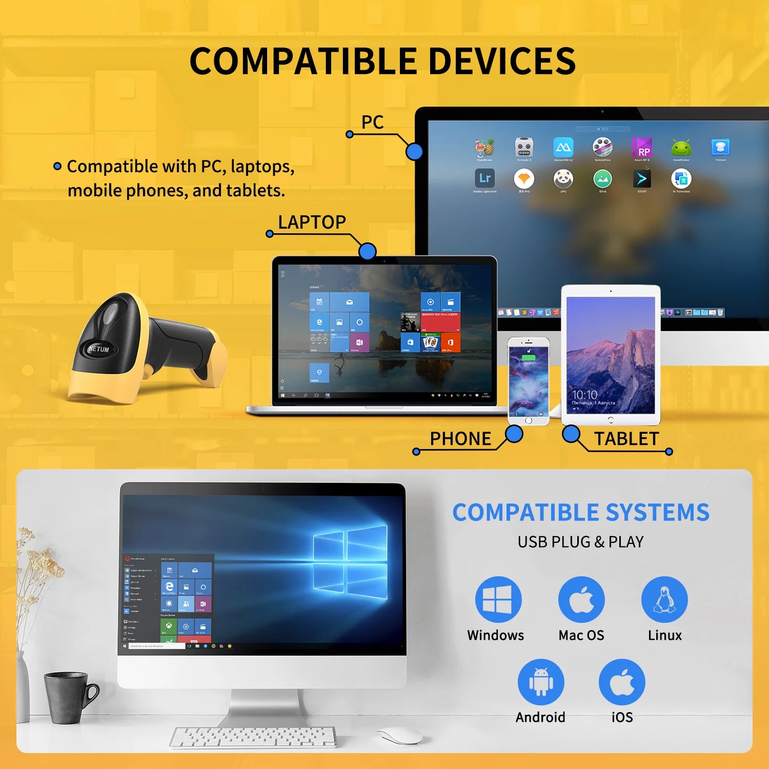 NETUM L8BLPro  Blueooth Wireless 2D Barcode Scanner and L5 Wired QR Barcode Reader PDF417 Automatic Sensing for Pos Scanning