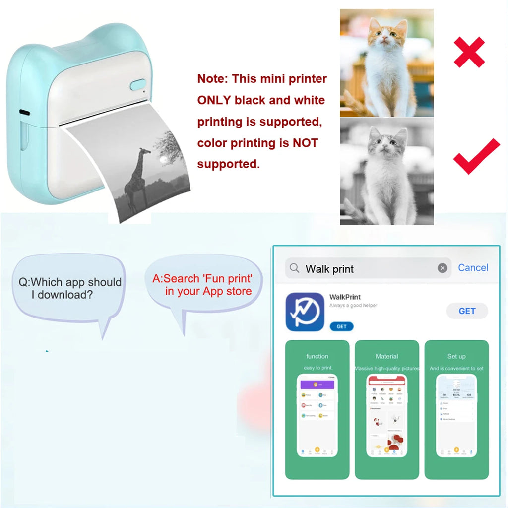 Portable Mini printer,thermal pocket Label  printer, for Android or IOS APP, inkless sticker printer, suitable for home, office