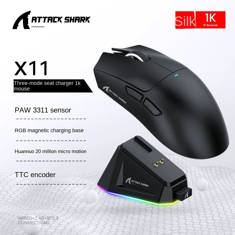 Attack Shark X11 Wireless Mouse,Tri-Mode Connection, PixArt PAW3311, Touch Magnetic Charging Base, Macro Gaming Mouse