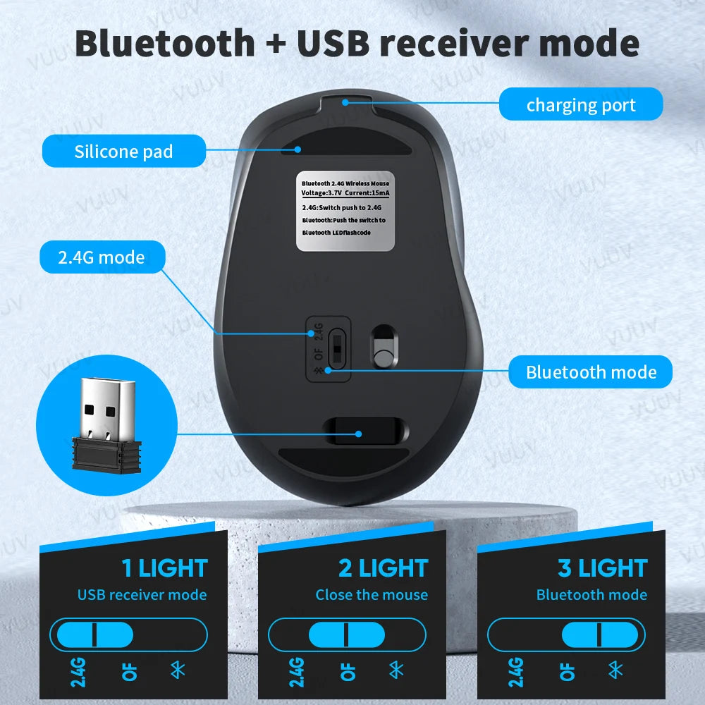 Ergonomic Wireless Bluetooth Mouse 1600DPI Rechargeable Mouse for MacBook Tablet Computer Laptop 2.4GHz USB PC Setup Accessories