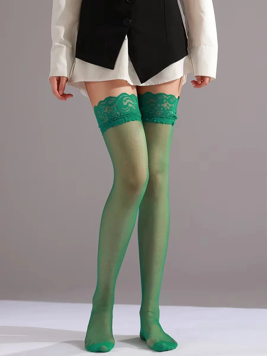Lace Thigh High Stockings, Floral Lace Trim Mesh Over The Knee Socks, Women's Stockings & Hosiery
