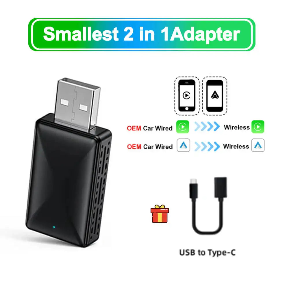 2in1 Wireless CarPlay Android Auto Adapter Wired to Wireless Mini Car Ai Box for Audi Toyota VW Peugeot
