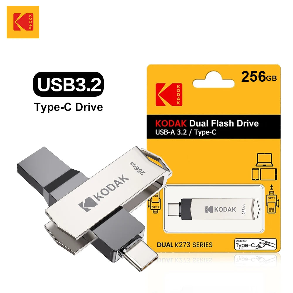 KODAK USB3.2 Type C Flash Drive 256GB 128GB 32GB Pendrive High Speed Dual Memory Stick For Smartphone Laptop