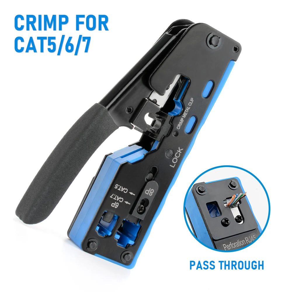 RJ45 Crimp Plier Pass Through Crimper Stripper Cutter for Cat7 Cat6 Cat5e 8P8C Modular Connector Ethernet All-in-one Wire Tool
