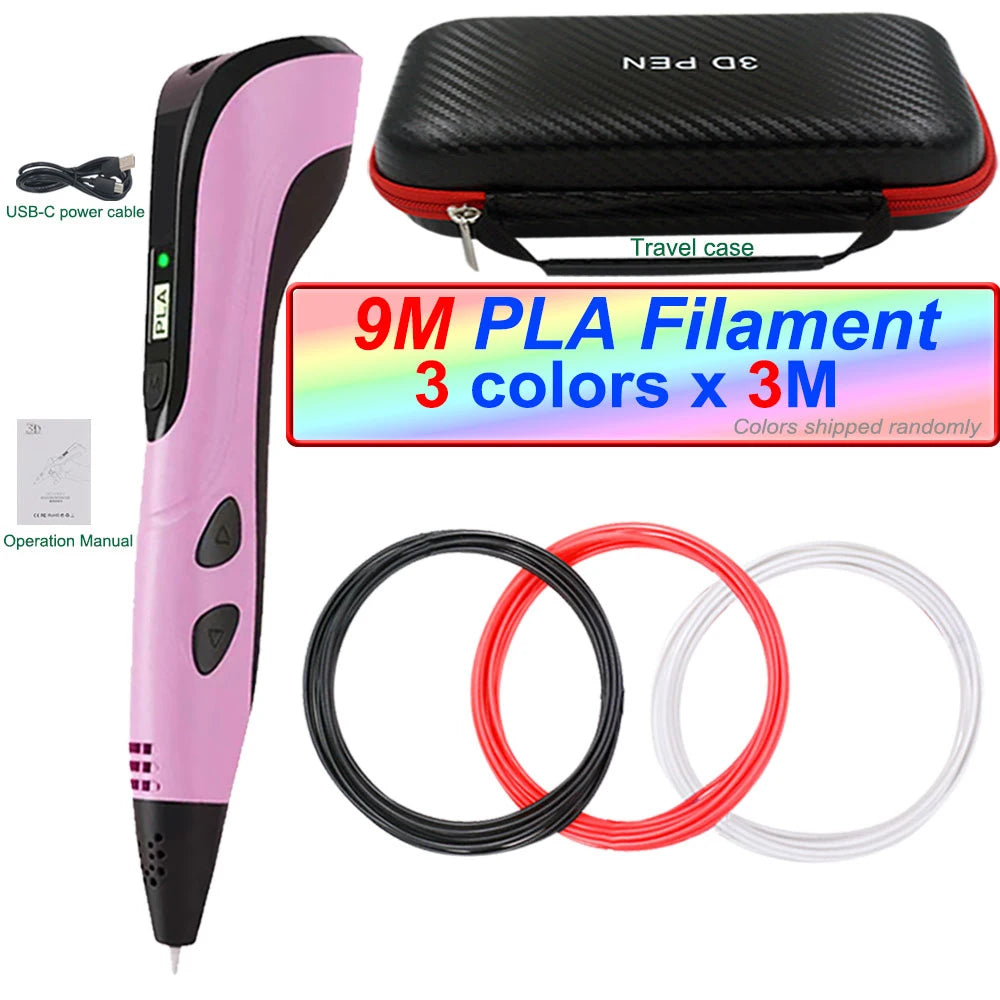 2025 3D Pen Set for Children 3D Printing Pen with LED Screen 100M PLA Power Adapter Travel Box Christmas Birthday Gift for Kids