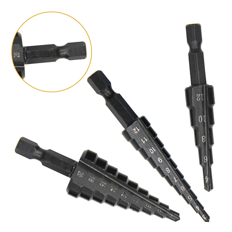 3pc Black Hexagonal Shank Straight Slot Ladder Drill Bit Reaming and Hole Opening Blackened Pagoda Drill Tool Set