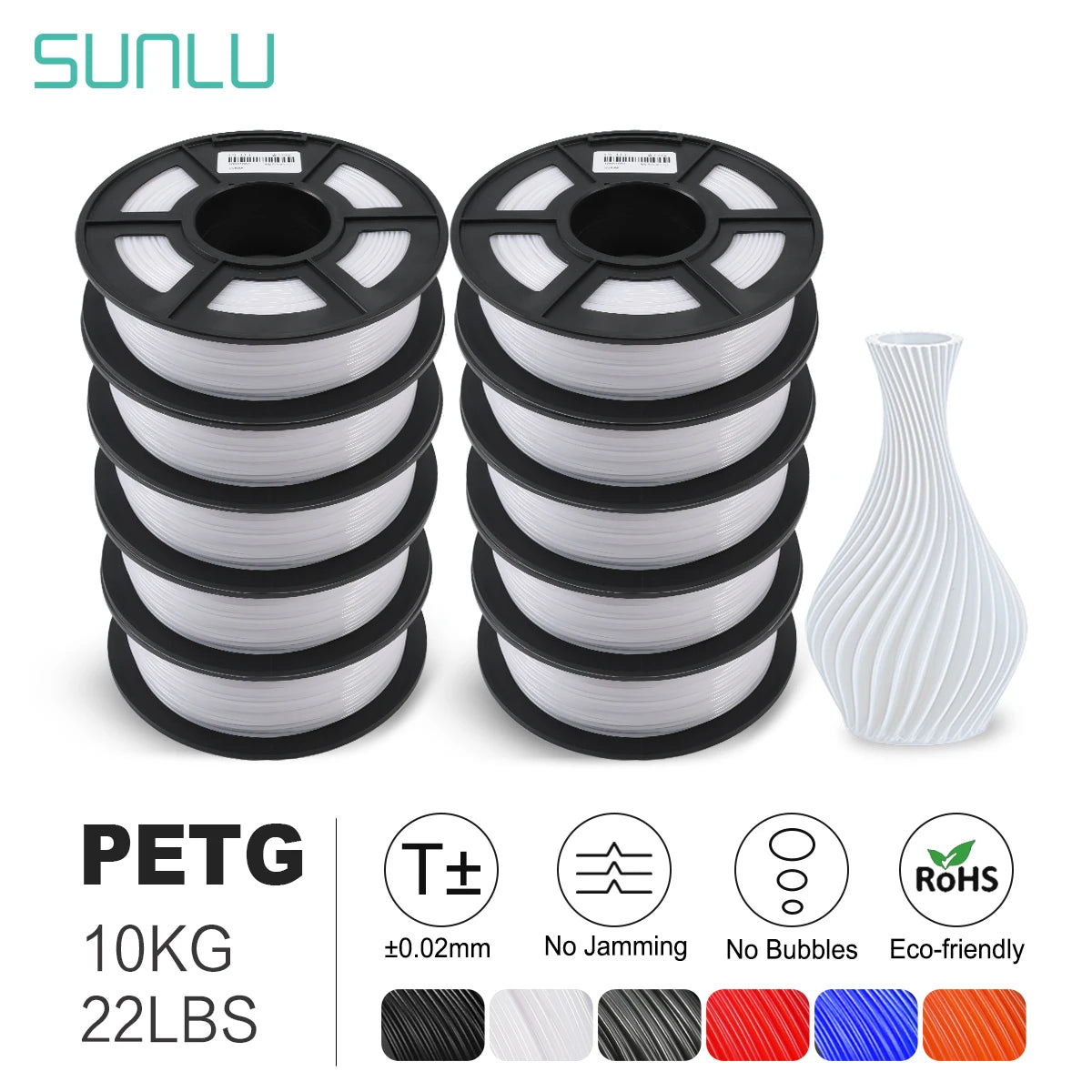 SUNLU PLA PETG PLA Plus Filaments 10 Rolls 3D Filament 1KG/roll 1.75mm 100% Filament Lines Up Neatly For 3D Printing From EU US