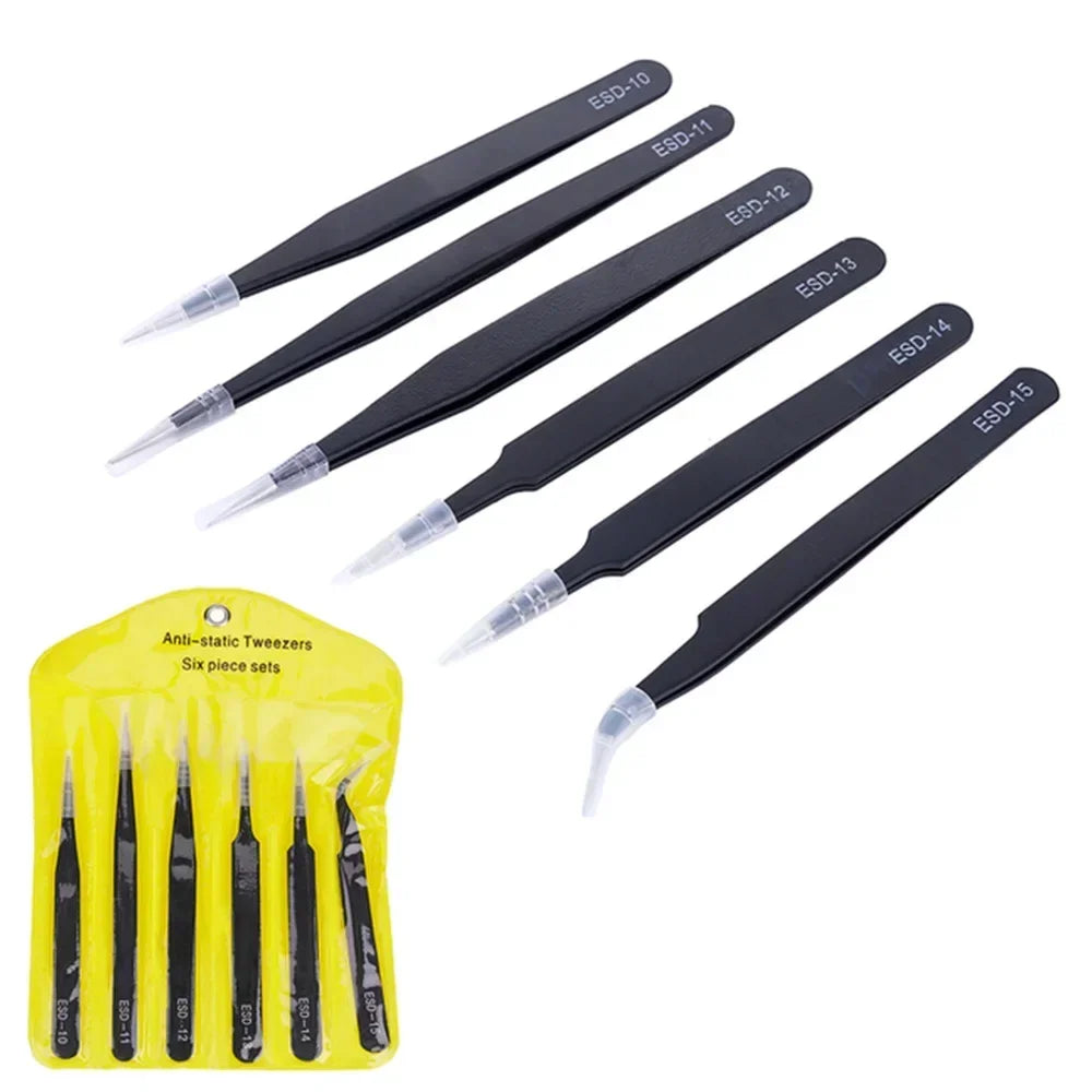 Precision ESD anti-static tweezers set -6-pc durable stainless steel tool for electronic repair and process modeling, bending&St