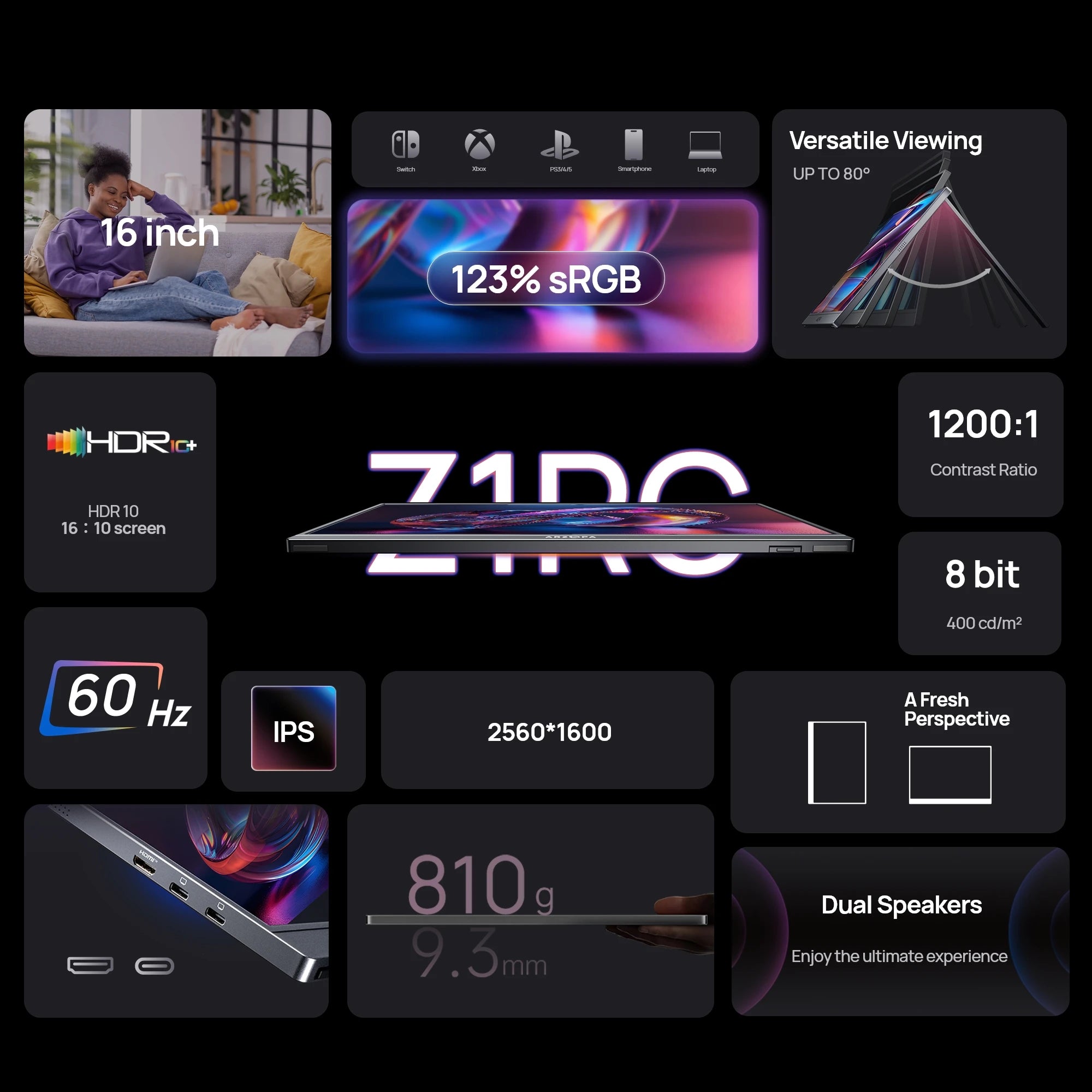 ARZOPA 16inch 2K Portable Monitor 16:10 IPS Screen with type-c mini hdmi Second Display for MAC/Laptop/PC/Xbox/PS4/5/Switch,Z1RC