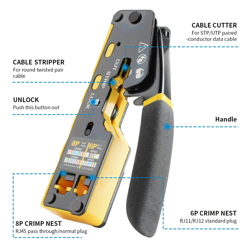 RJ45 Crimp Tool Pass Through Plugs Ethernet Crimping Pliers for Cat6 Cat5 Cat5e RJ45 Connectors