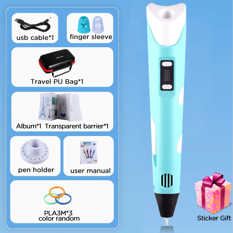 Kids 3D Printing Pen With LCD Screen & Stickers Compatible PLA Filament Safe With 9M PLA Girls Boys Birthday Gift Toys Print Pen
