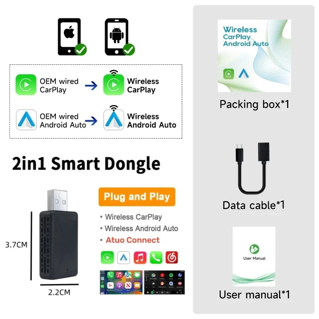 New 2in1 Wireless Android Auto Adapter Carplay Wireless Plug And Play For Renault Arkana Captur Clio MEGANE AUSTRAL ZOE E-Tech