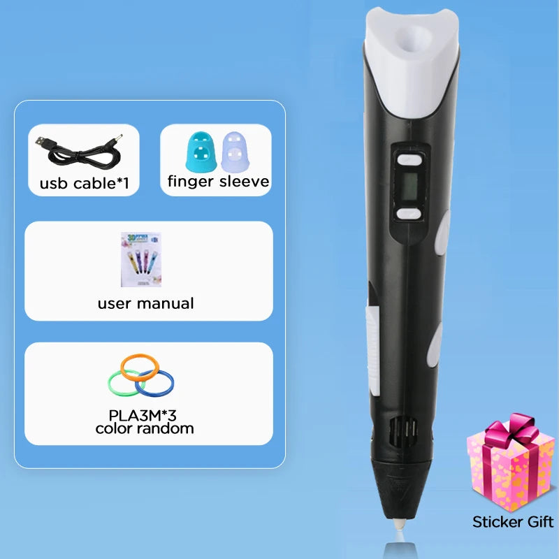 Kids 3D Printing Pen With LCD Screen & Stickers Compatible PLA Filament Safe With 9M PLA Girls Boys Birthday Gift Toys Print Pen