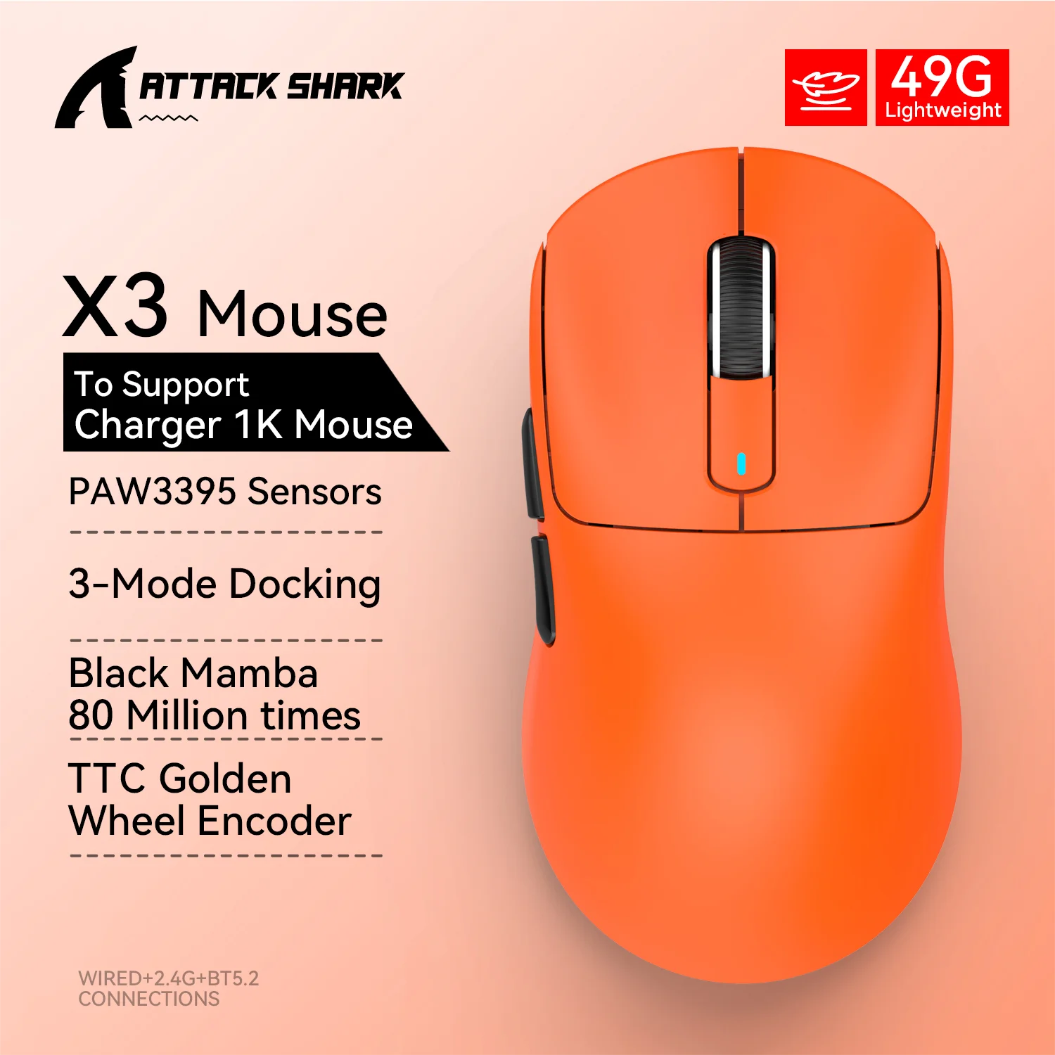 ATTACK SHARK X3 Lightweight Mouse Wireless Bluetooth Tri-Mode Connection,PAW3395,Macro Bluetooth Mouse for Gaming