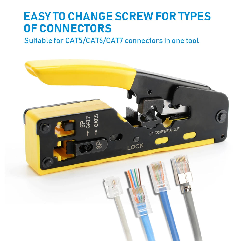 Rj45 Rj12 Rj11 Pass Through Crimp Plier Cat7 Cat6 Cat6A Cat5 Cat5e Stripping Crimping Tool with 8P/6P Ethernet Connectors