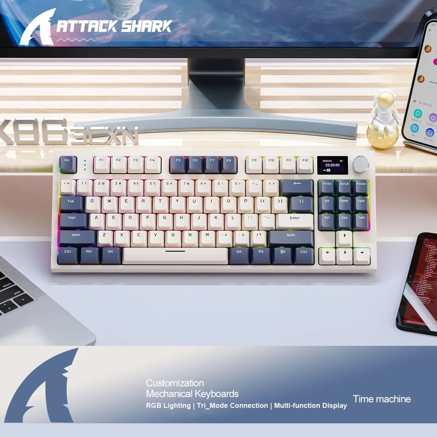 Attack Shark K86 RGB TFT Screen Wireless Mechanical Keyboard,Hot Swap, Metal Knob,Tri-mode Connectivity,macro Gaming Keyboar