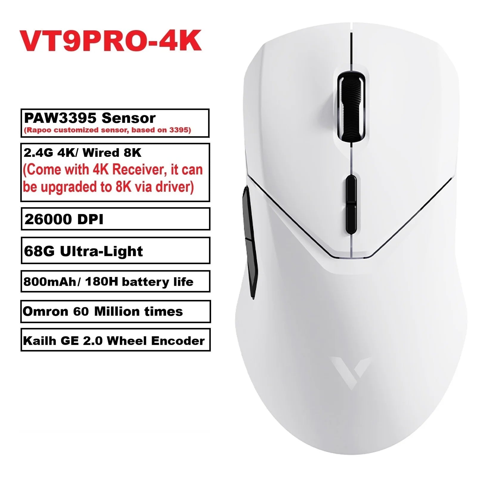 Rapoo VT9PRO PAW3398 Wireless Gaming Mouse 26000DPI 68g Lightweight Wired Wireless Mouse 160H Super Long Battery Life