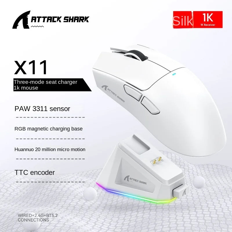 Attack Shark X11 Wireless Mouse,Bluetooth/2.4G/wired Tri-Mode Mouse ,PAW3311 RGB Magnetic charging dock Gaming Mouse