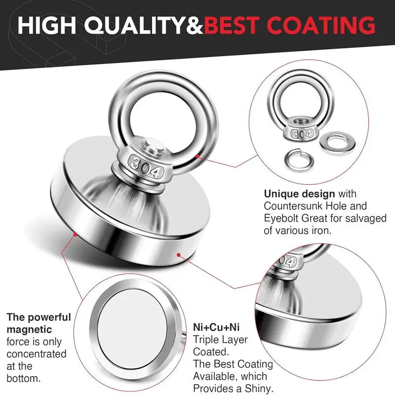 Super Strong Neodymium Fishing Magnet Hooks N52 Heavy Duty Magnet with Countersunk Hole Eyebolt Salvage Searcher Magnets