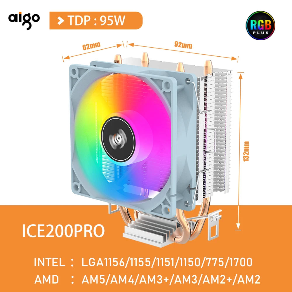 Aigo ICE CPU Cooler 2 4 6 Heat Pipes PC Radiator PWM 3PIN 90mm CPU Cooling Silent Rgb Fan For Intel 1700 1150 1156 1366 1155 AMD
